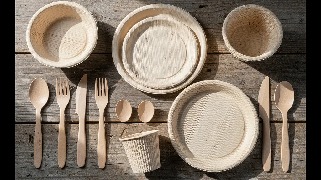 Assortiment de vaisselle jetable écologique avec assiettes pulpe de canne et contenants palmier sur table en bois