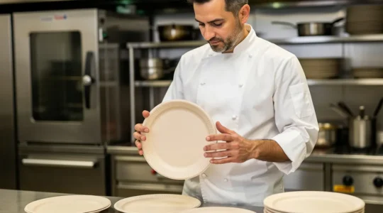 Restaurateur français comparant des assiettes jetables écologiques en pulpe de canne sur comptoir inox de cuisine professionnelle