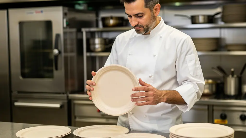 Restaurateur français comparant des assiettes jetables écologiques en pulpe de canne sur comptoir inox de cuisine professionnelle