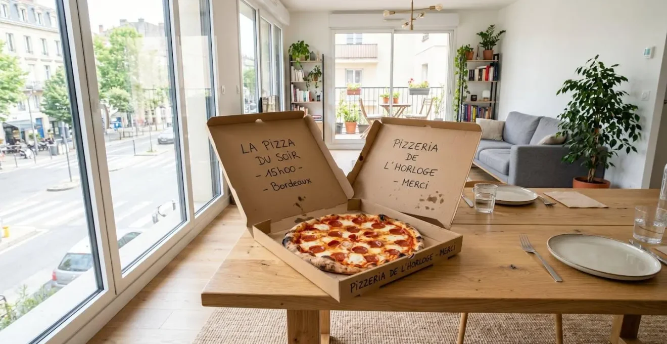Boîte à pizza en carton ouverte posée sur une table en bois clair dans un intérieur contemporain lumineux, pizza visible à l'intérieur