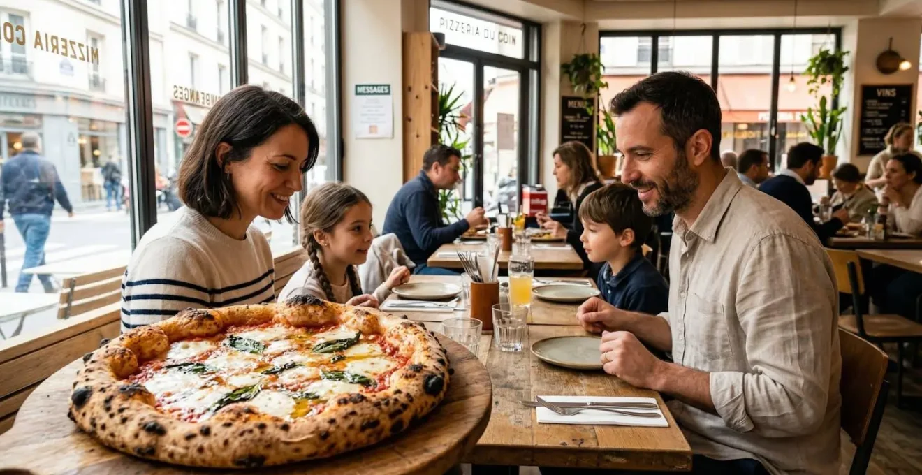 Une famille vue de profil regarde avec attention une pizza fraîchement sortie du four posée au centre de leur table dans une pizzeria contemporaine lumineuse