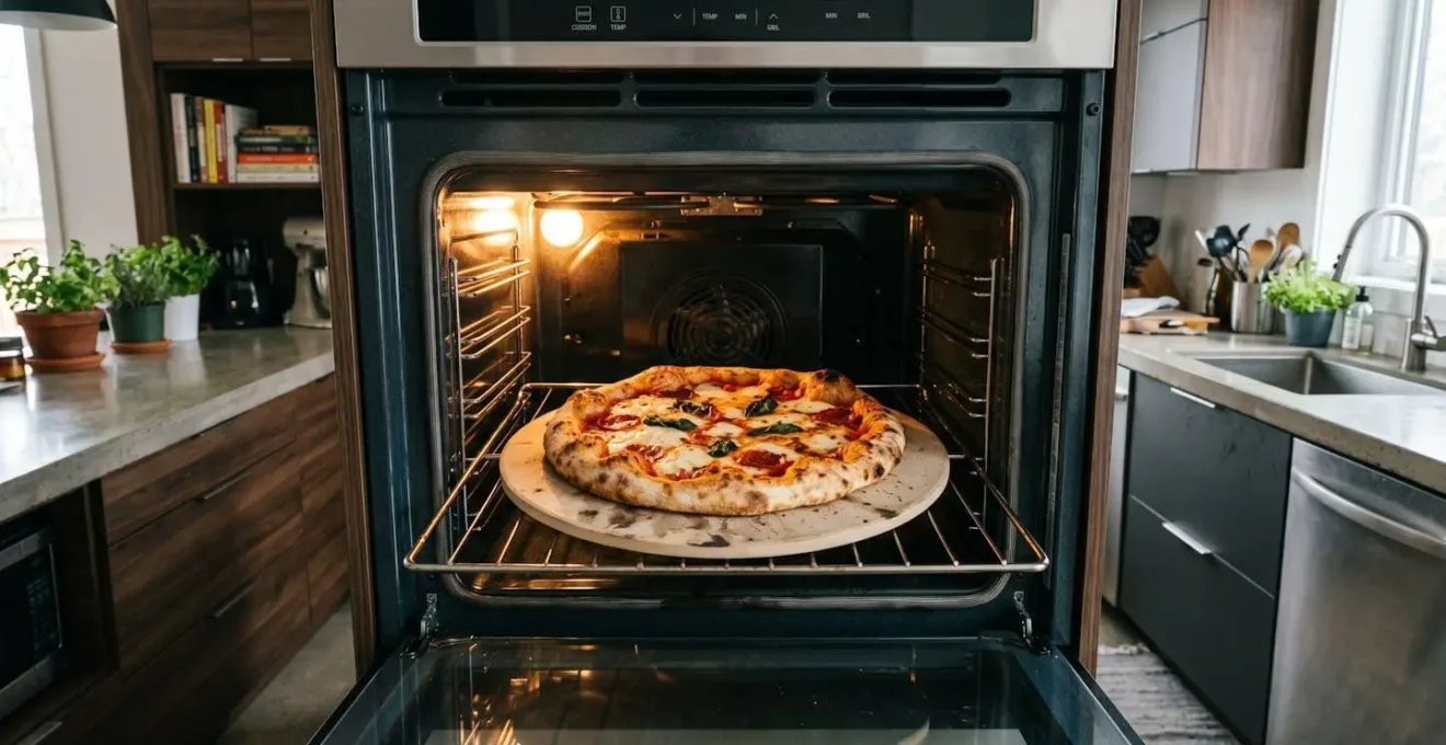 Four domestique ouvert montrant une pizza en train de cuire sur une pierre réfractaire avec croûte qui commence à dorer