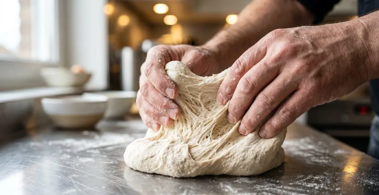 Gros plan sur les mains d'un artisan en train de pétrir une pâte à pizza élastique, farine blanche visible sur les doigts et la surface de travail
