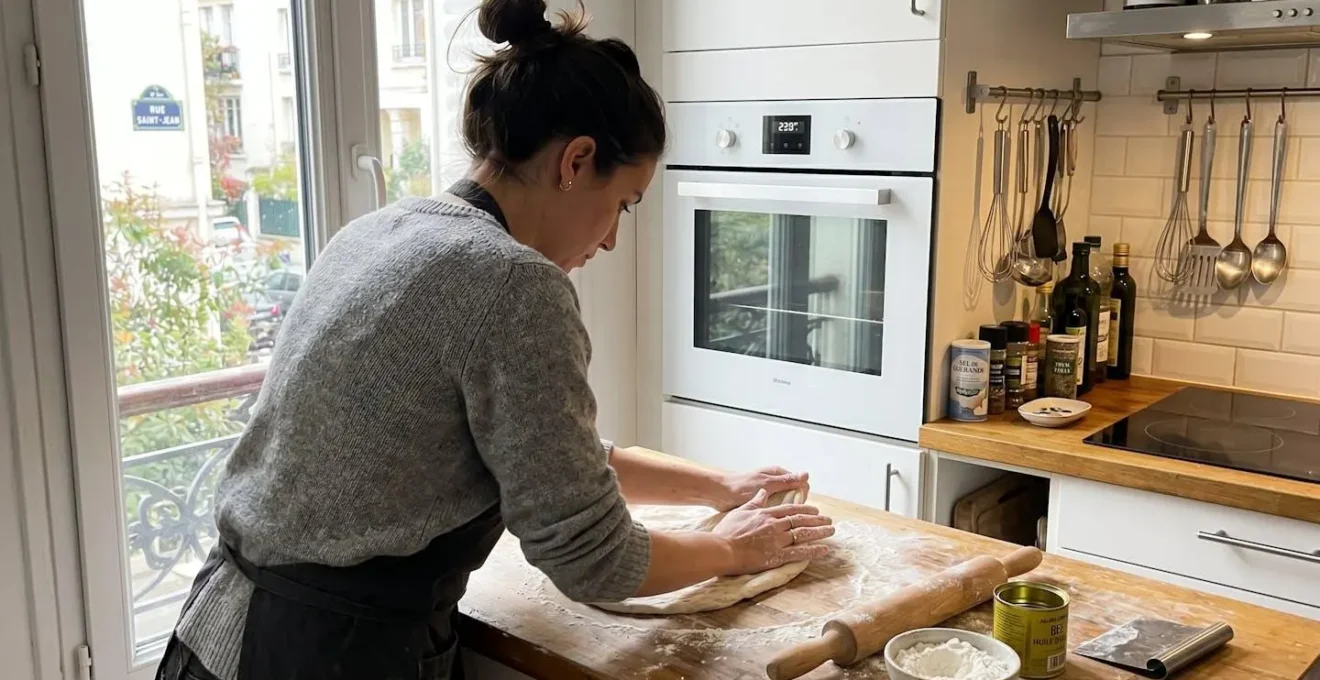 Mains façonnant une pâte à pizza sur un plan de travail en bois légèrement fariné dans une cuisine contemporaine