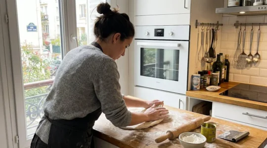 Mains façonnant une pâte à pizza sur un plan de travail en bois légèrement fariné dans une cuisine contemporaine