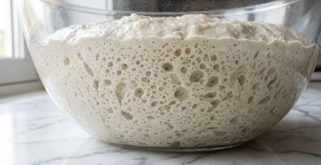 Gros plan sur une pâte à pizza levée dans un récipient transparent montrant les bulles d'air et la structure alvéolée