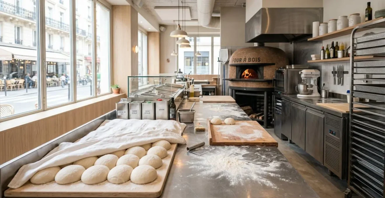 Vue d'ensemble d'un plan de travail professionnel de pizzeria avec plusieurs pâtons de pâte à pizza reposant sous un torchon blanc, surface farinée et équipements en inox