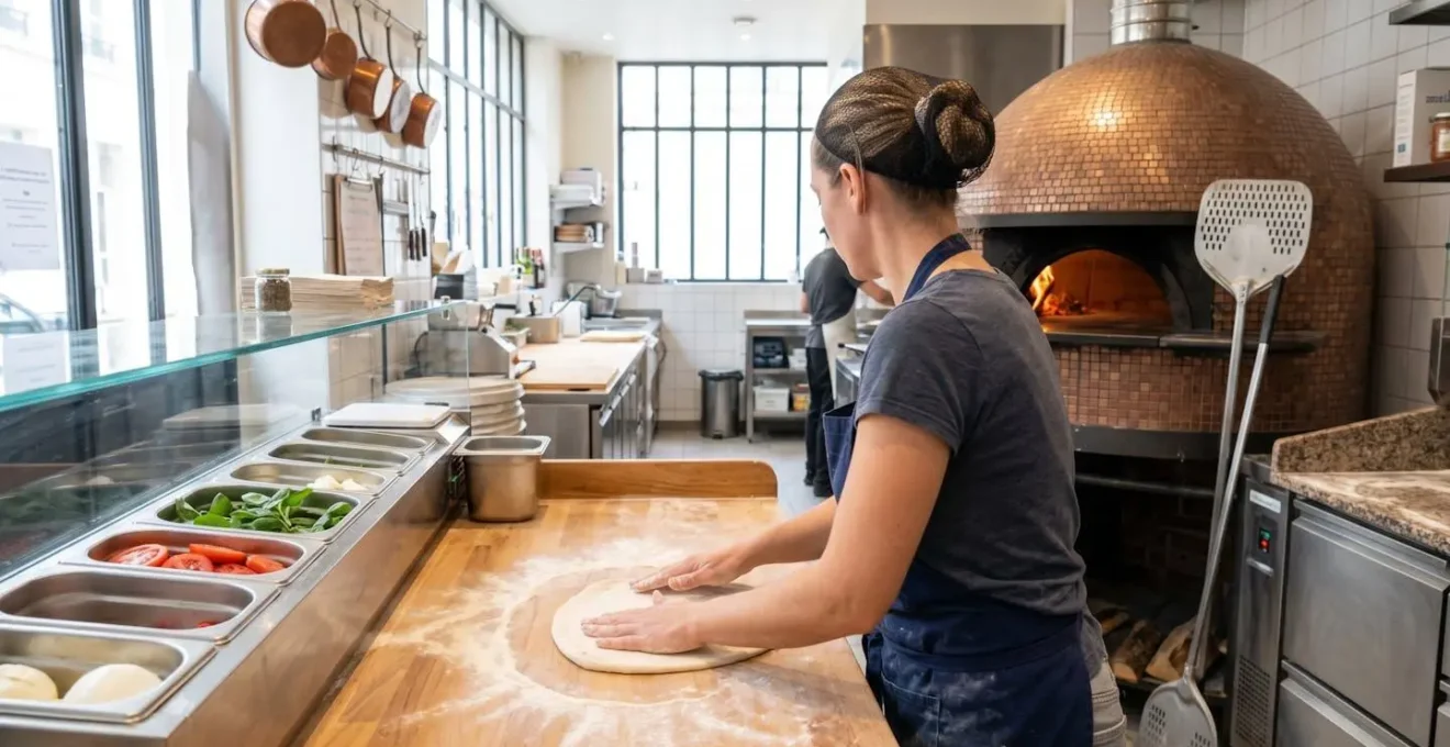 Un pizzaiolo vu de dos glisse une pizza dans un four à bois traditionnel au sein d'une cuisine de pizzeria lumineuse et contemporaine