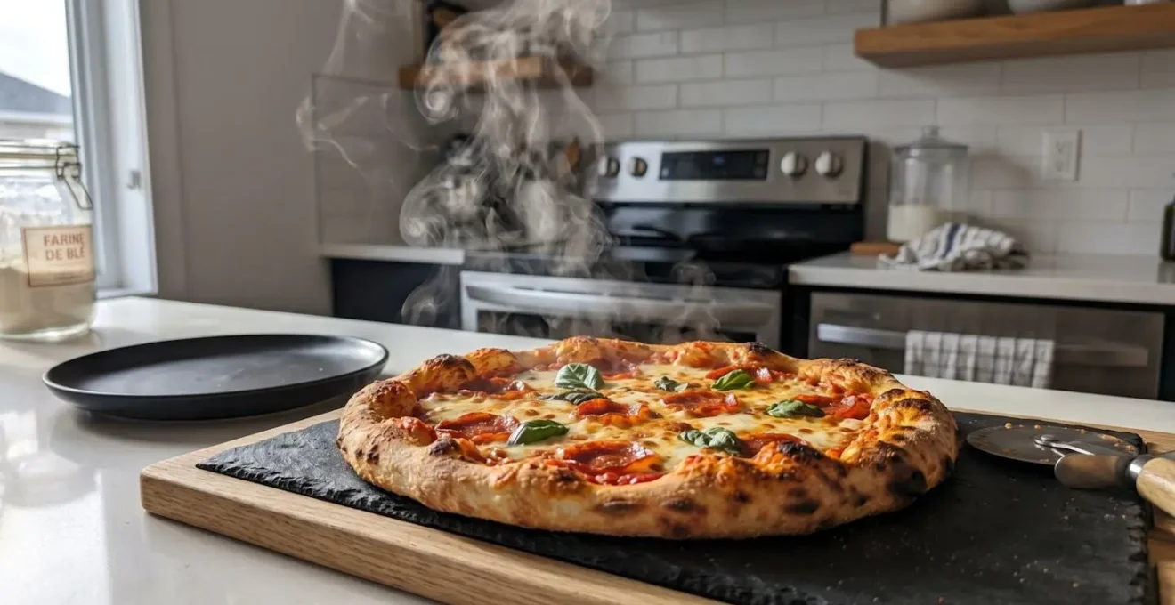 Gros plan sur la vapeur s'échappant d'une pizza fraîchement cuite, avec un léger flou artistique en arrière-plan mettant en valeur les volutes de vapeur