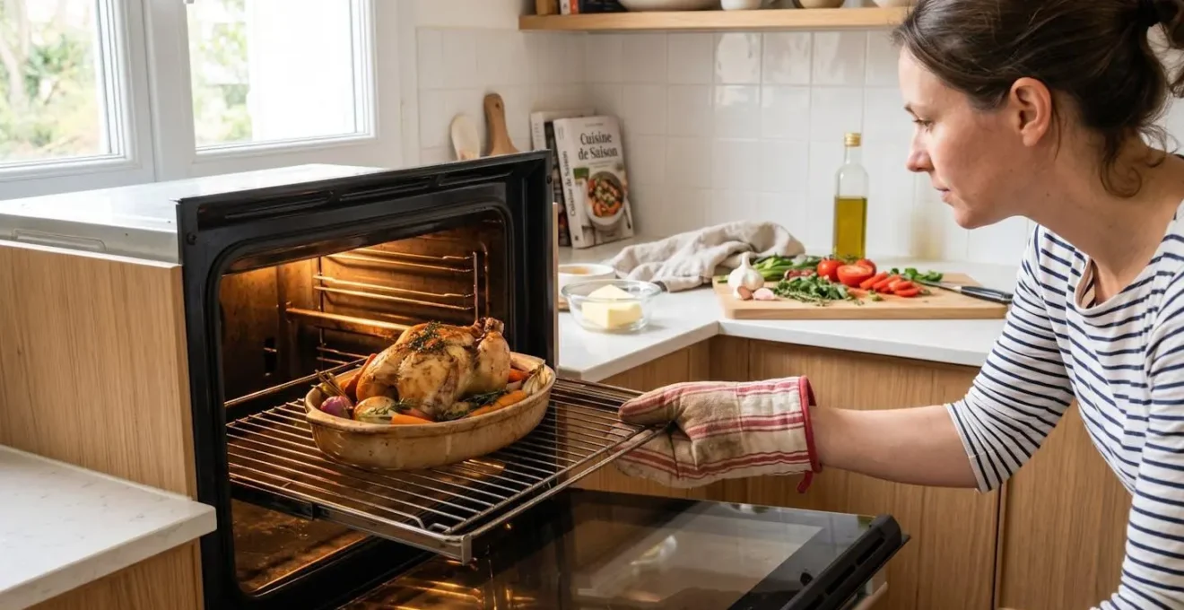 Four encastré moderne ouvert montrant un plat en cuisson sur la grille, main gantée ajustant la position, lumière chaude de l'intérieur du four, comptoir de cuisine avec ingrédients frais en arrière-plan