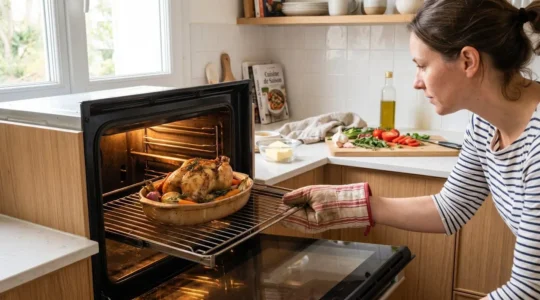 Four encastré moderne ouvert montrant un plat en cuisson sur la grille, main gantée ajustant la position, lumière chaude de l'intérieur du four, comptoir de cuisine avec ingrédients frais en arrière-plan