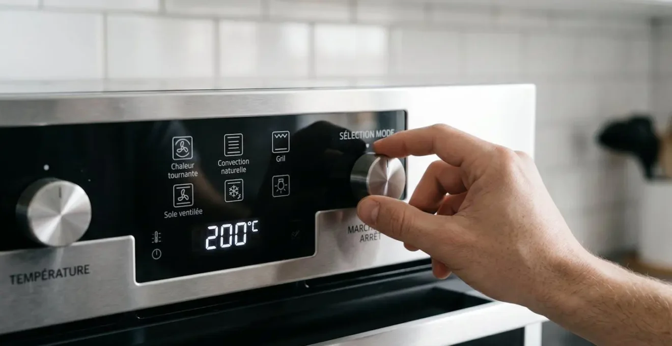 Gros plan sur bandeau de commande de four moderne, main sélectionnant un mode de cuisson, symboles de modes visibles (ventilateur, traits horizontaux)