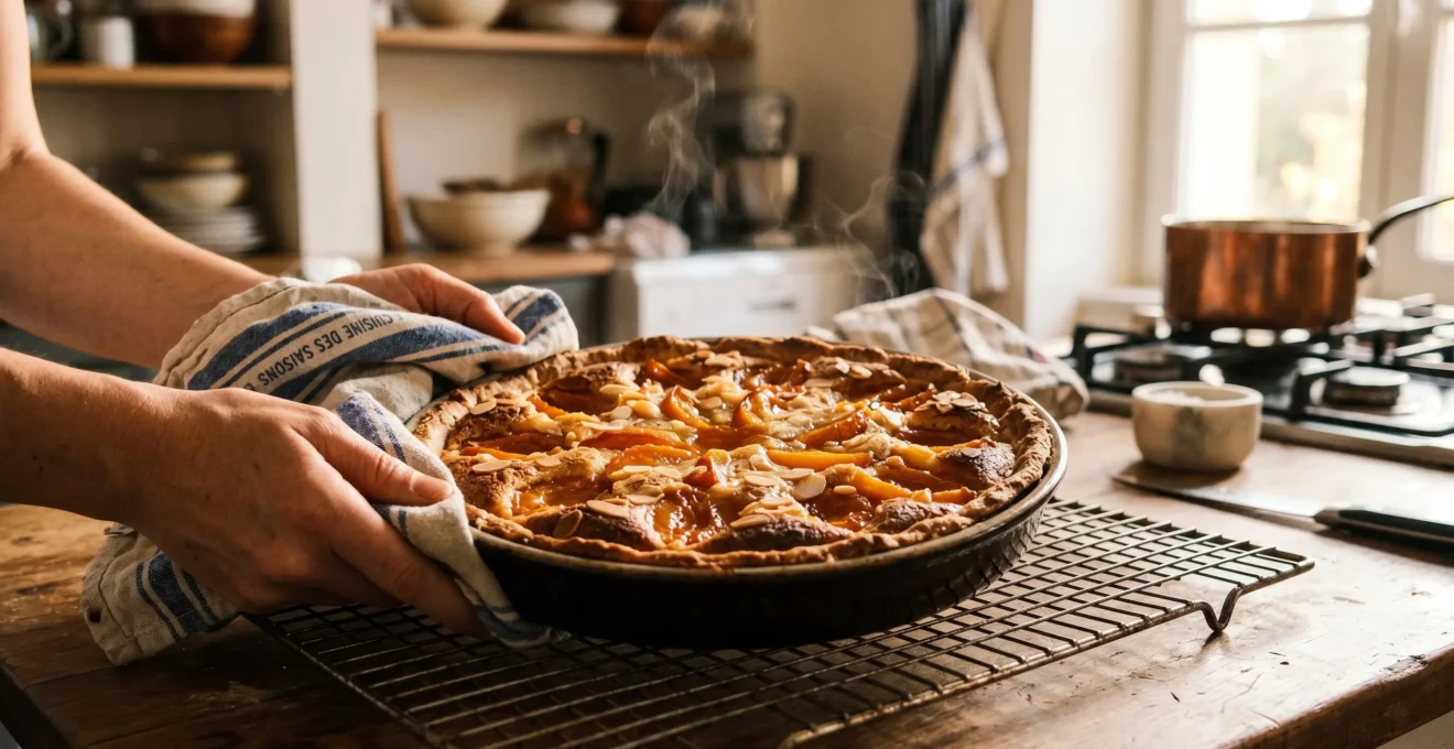 Tarte dorée sortant du four posée sur grille de refroidissement, texture de cuisson parfaitement visible, vapeur s'échappant, mains avec gant tenant le plat